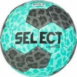 Piłka Select Light Grippy DB EHF v24 w błękitnym kolorze z czarno-szarymi cętkami.