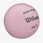 Widok boczny piłki do siatkówki Wilson AVP Soft Play w kolorze różowym z wyraźnym logo AVP
