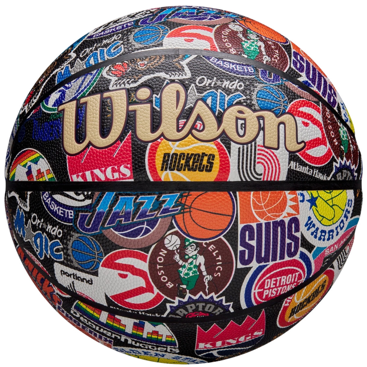 Piłka do koszykówki Wilson NBA All Team Retro z logo wszystkich drużyn NBA, widok z boku.