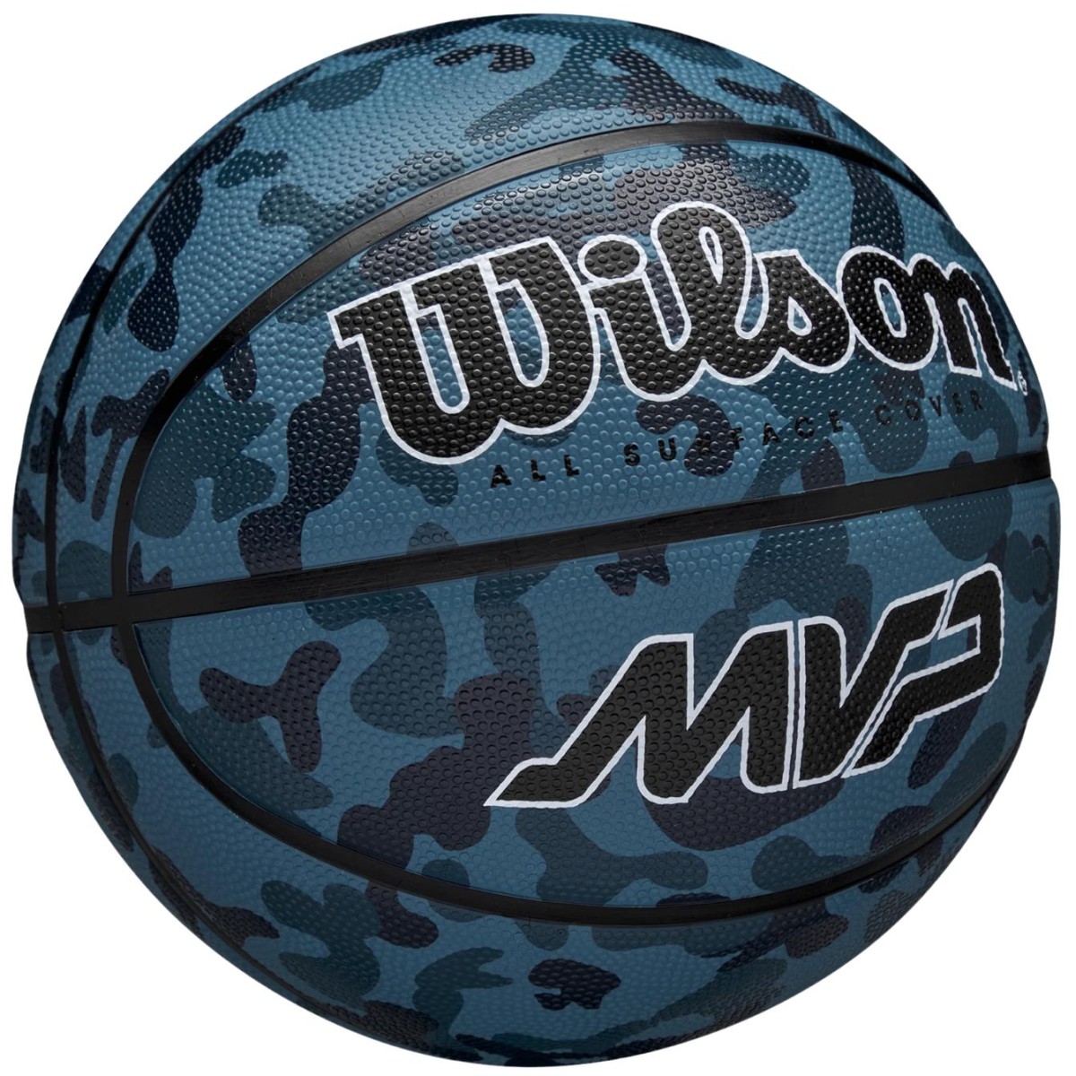 piłka do koszykówki wilson camo niebieska, widok boczny, logo i wzór moro